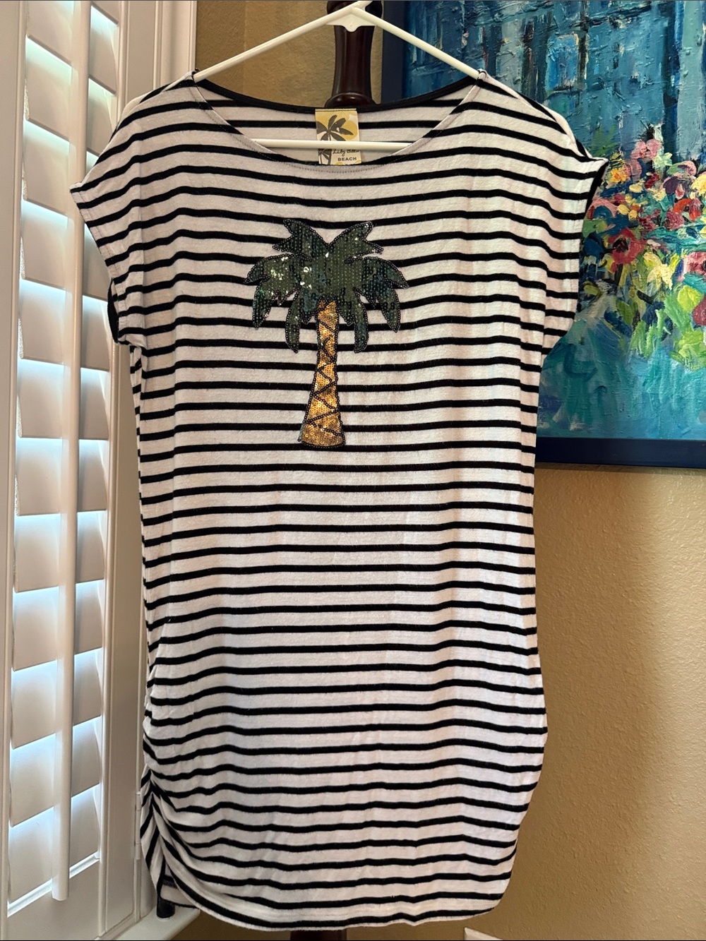 Striped Palm Tree Sequin Tee - Black & White